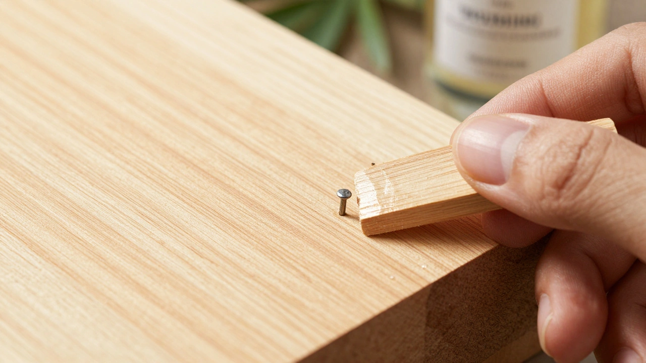 Potongan kayu bangkirai segar dengan serat halus, warna kuning kecoklatan, dan permukaan mengilap.