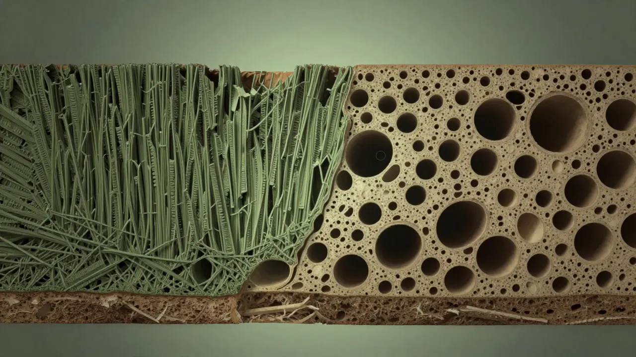 Potongan melintang kayu bengkirai dibandingkan dengan kayu pinus dan meranti, menunjukkan kepadatan serat.