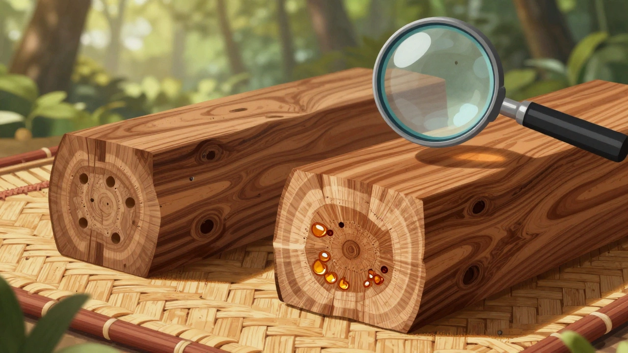 Potongan melintang kayu ulin asli dibandingkan dengan kayu palsu, menunjukkan kepadatan dan minyak alami.