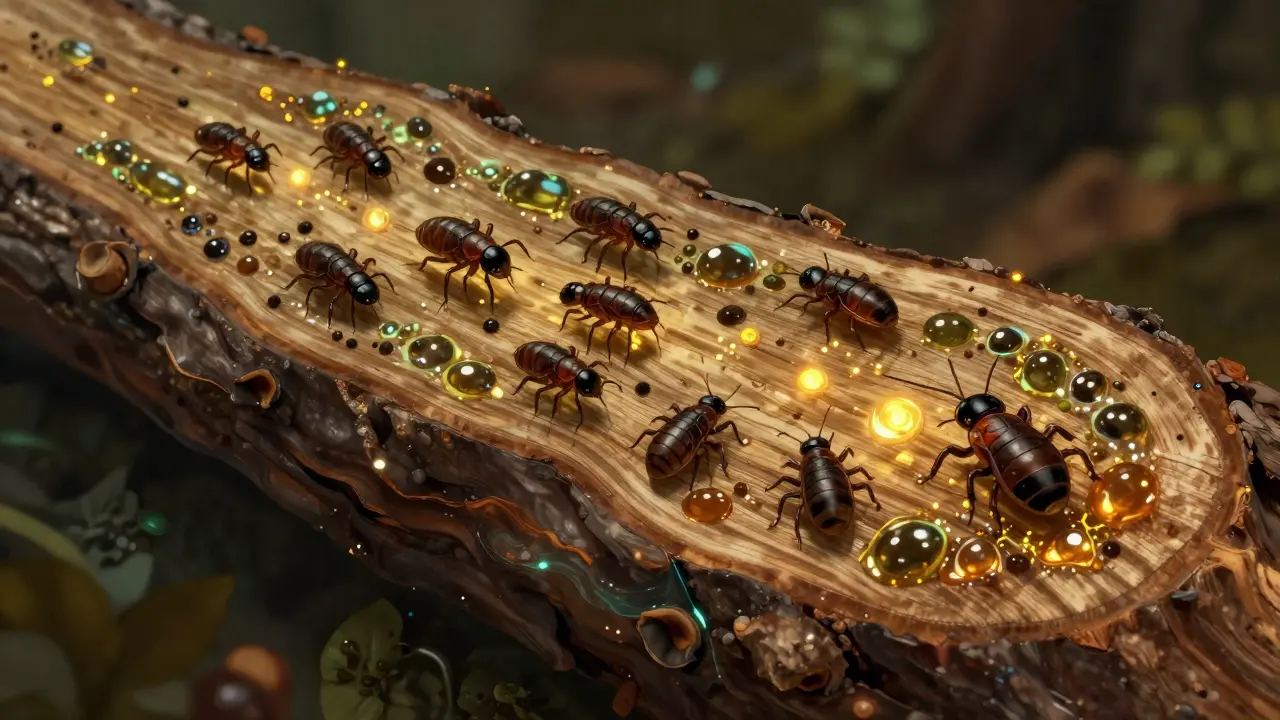 Potongan silang kayu ulin menunjukkan minyak alami yang melindungi dari serangga dan kelembapan.