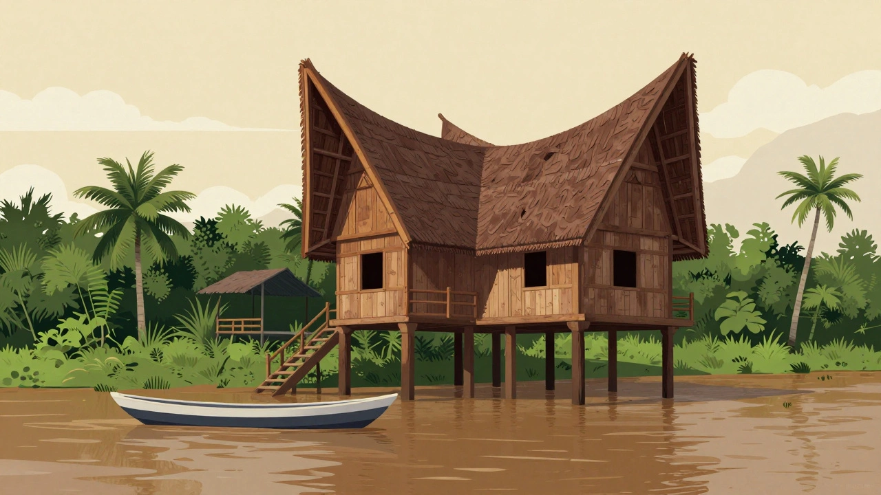 Rumah panggung tradisional di Banjarmasin dengan tiang kayu ulin yang kokoh, mengapung di atas air banjir.