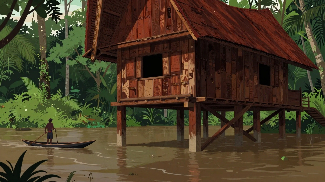Rumah panggung tradisional di Kalimantan dengan tiang dan lantai dari kayu ulin, berdiri kokoh di atas air banjir, dikelilingi hutan tropis.
