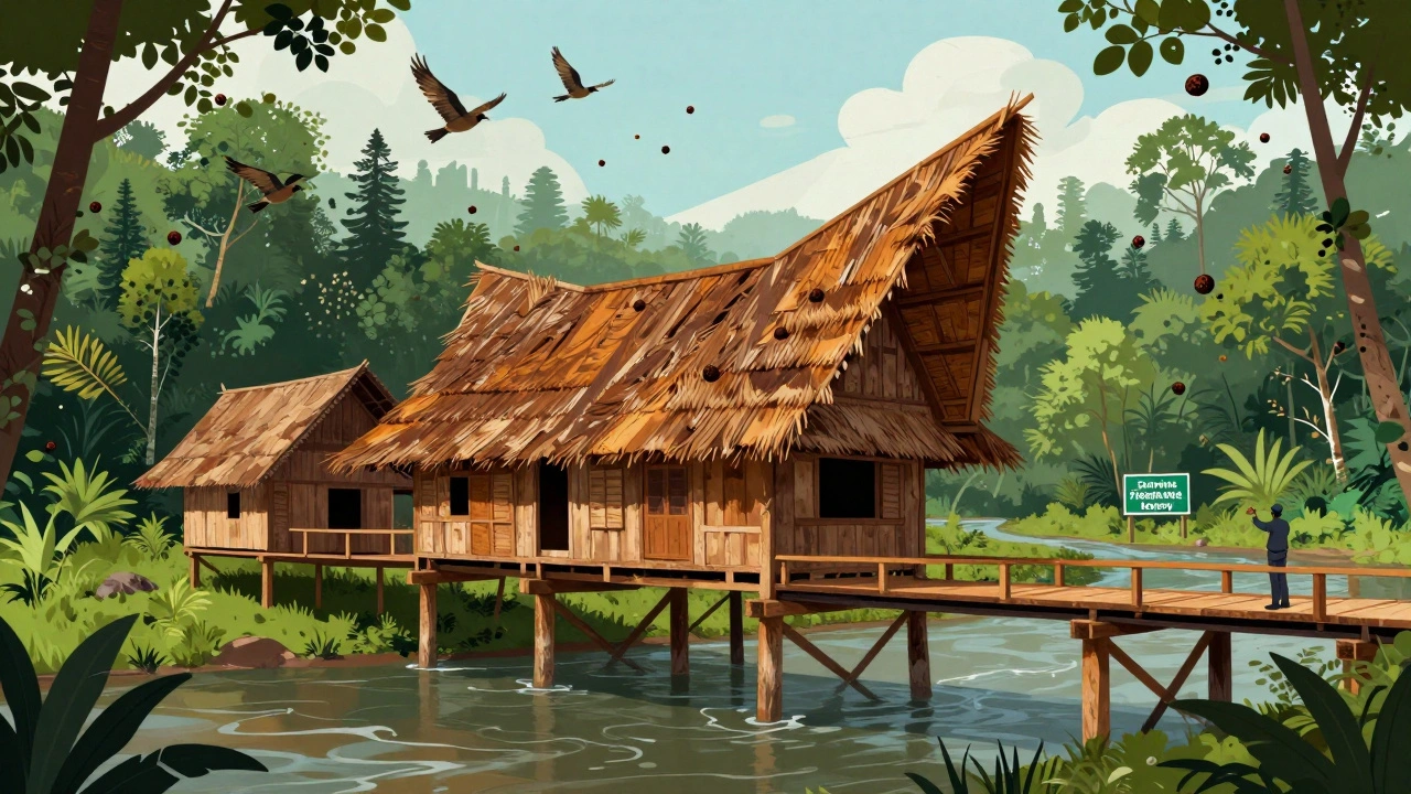 Rumah panggung tradisional Kalimantan dengan dek kayu bangkirai, jembatan, dan pohon di latar belakang hutan.