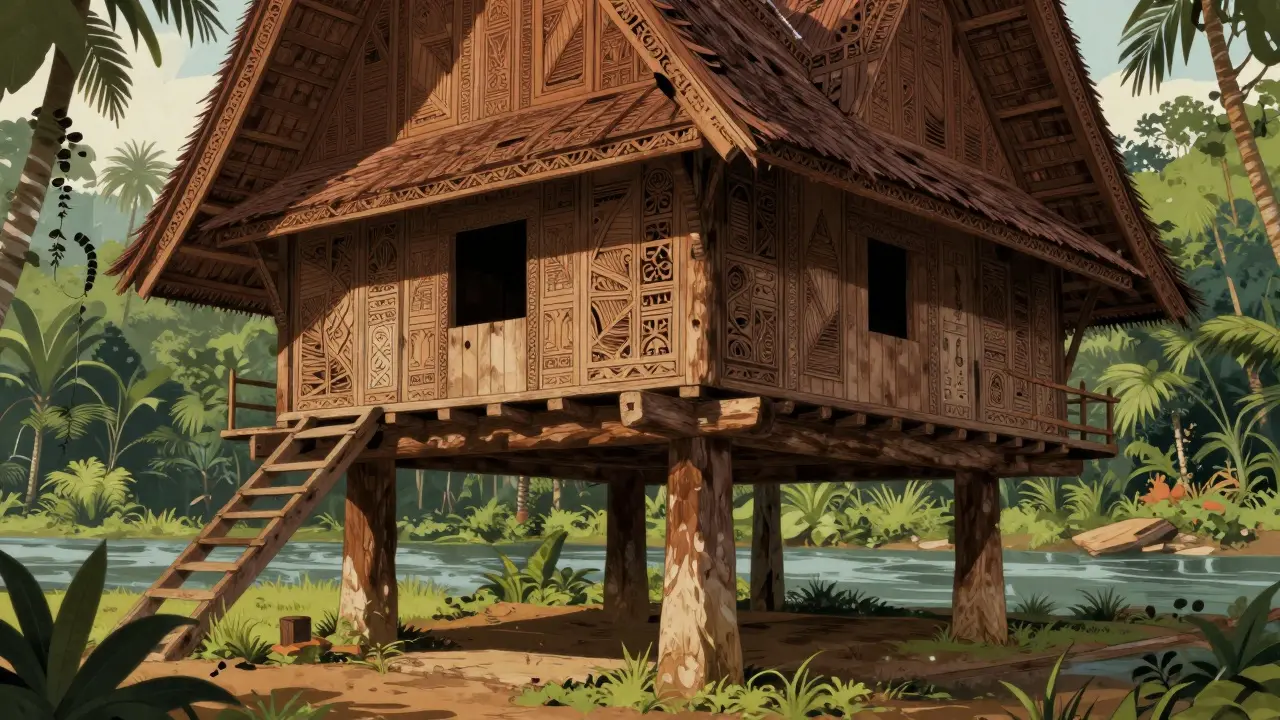 Rumah tradisional Dayak dengan tiang kayu ulin kokoh di tengah hutan hujan, tanpa tanda kerusakan akibat kelembapan atau rayap.