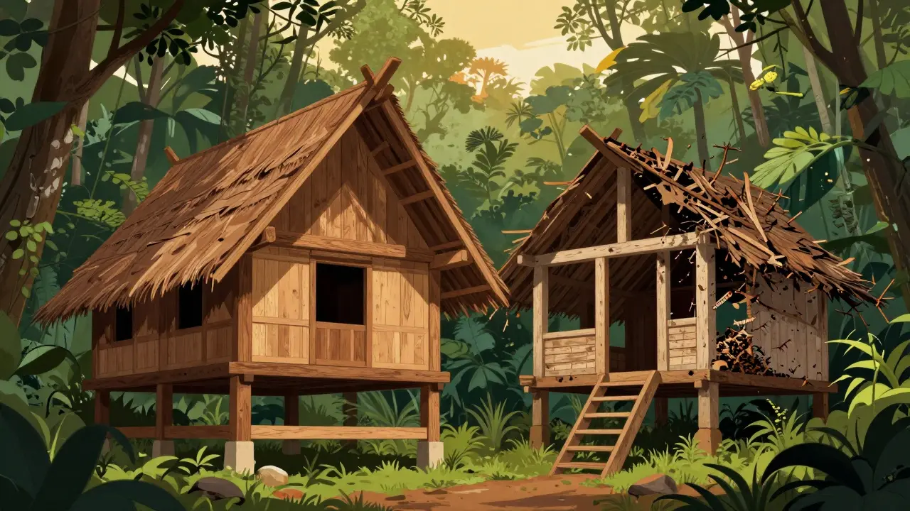Rumah tradisional Indonesia dengan balok kayu tahan rayap kontras dengan kayu yang rusak oleh rayap.