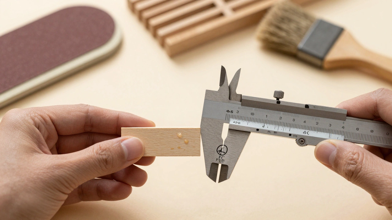 Sampel kayu bengkirai dengan ketebalan 45mm, tetesan air menggumpal, dan jejak sertifikat FSC di latar belakang.