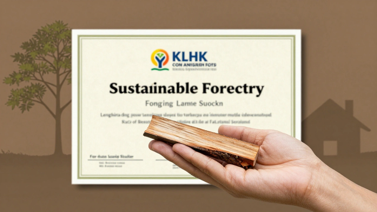 Tangan memegang kayu bengkirai dengan sertifikat kehutanan berkelanjutan, simbol pemanfaatan sumber daya alam secara bertanggung jawab.