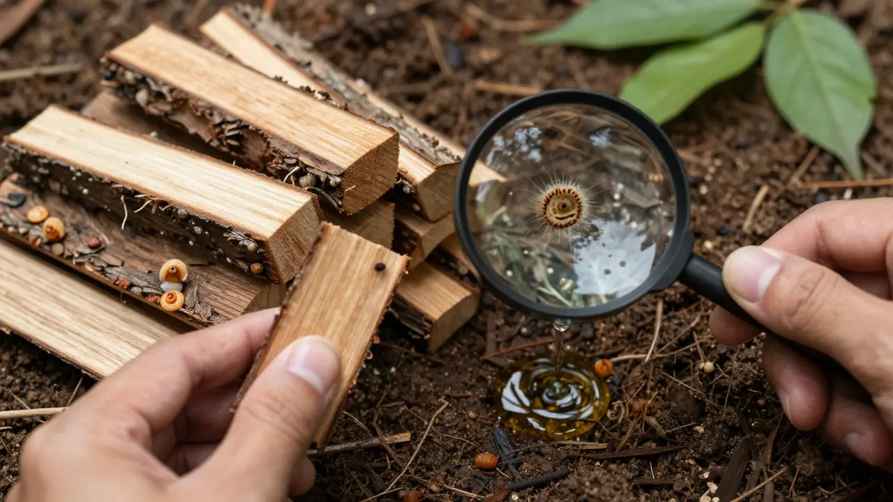 Tangan memegang kayu ulin di samping kayu pinus yang rusak oleh rayap, dengan kaca pembesar menunjukkan perbedaan struktur.