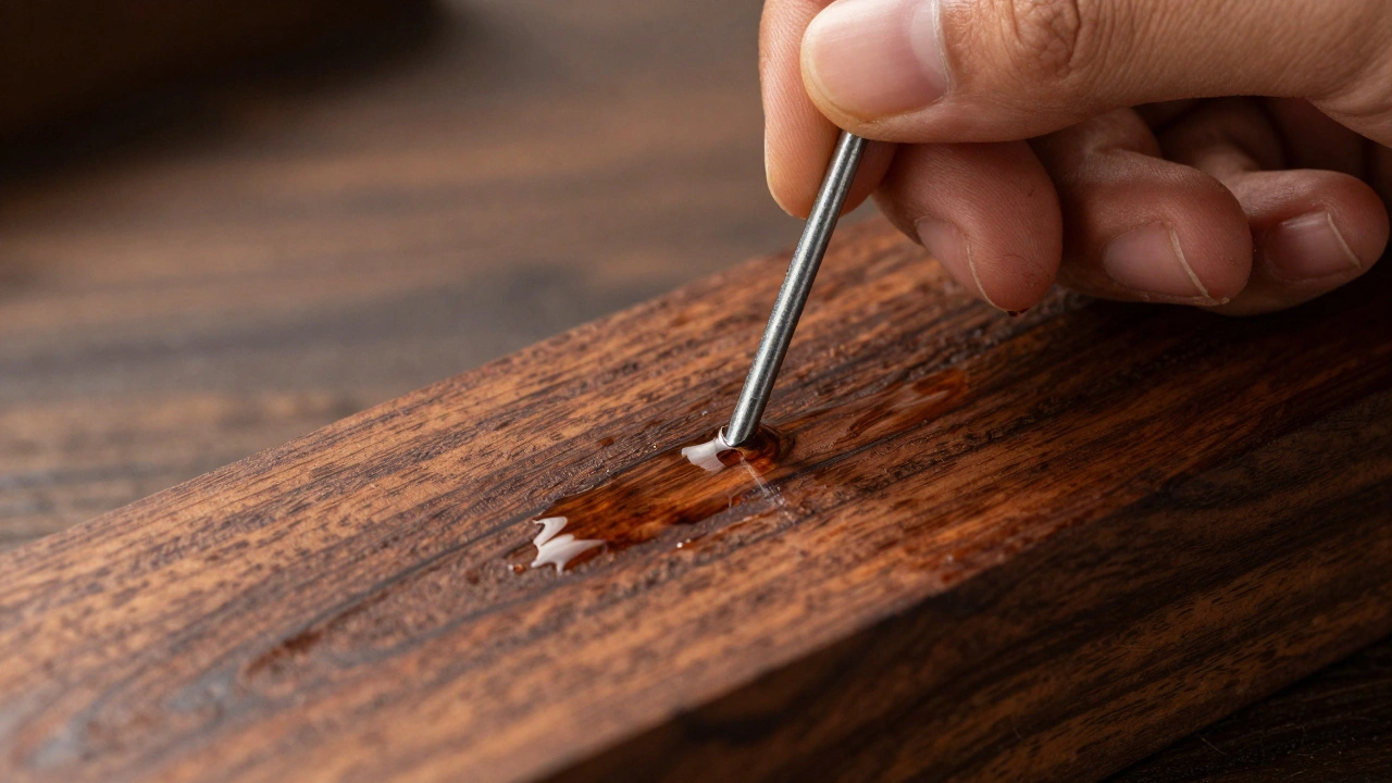 Tangan menguji kekerasan kayu ulin dengan paku besi yang bengkok karena tidak bisa menembusnya.