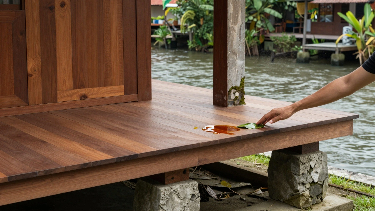 Teras rumah modern dengan lantai kayu ulin yang diangkat dari tanah, diberi minyak alami dan sirkulasi udara.