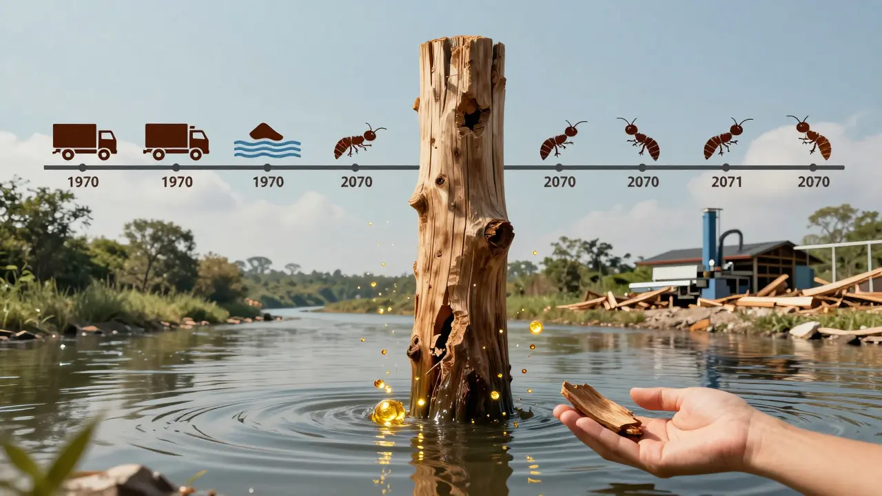 Tiang kayu ulin berusia abad yang kokoh, dikelilingi partikel emas melambangkan minyak alami dan ketahanan puluhan tahun.