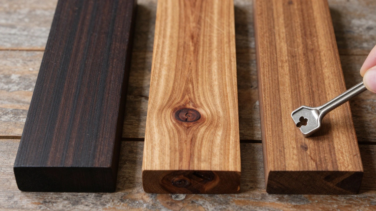 Tiga contoh kayu ulin dengan warna dan tekstur berbeda, sedang diuji kekerasannya dengan kunci logam.