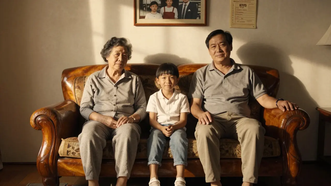 Tiga generasi duduk di sofa ulin yang sama di ruang tamu yang sama, menunjukkan warisan kayu yang abadi.