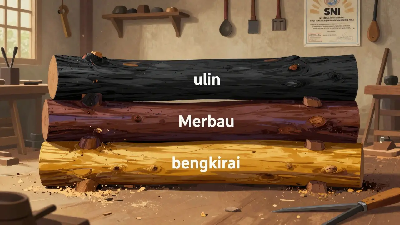 Tiga jenis kayu berkualitas tinggi: ulin, merbau, dan bengkirai, ditempatkan berdampingan dengan alat perkayuan tradisional di latar belakang.