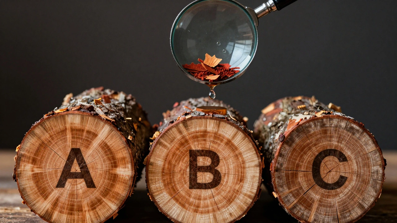 Tiga jenis kayu ulin kelas A, B, dan C bertumpuk, dengan serat berbeda dan serbuk merah tua terlihat di bawah magnifier.