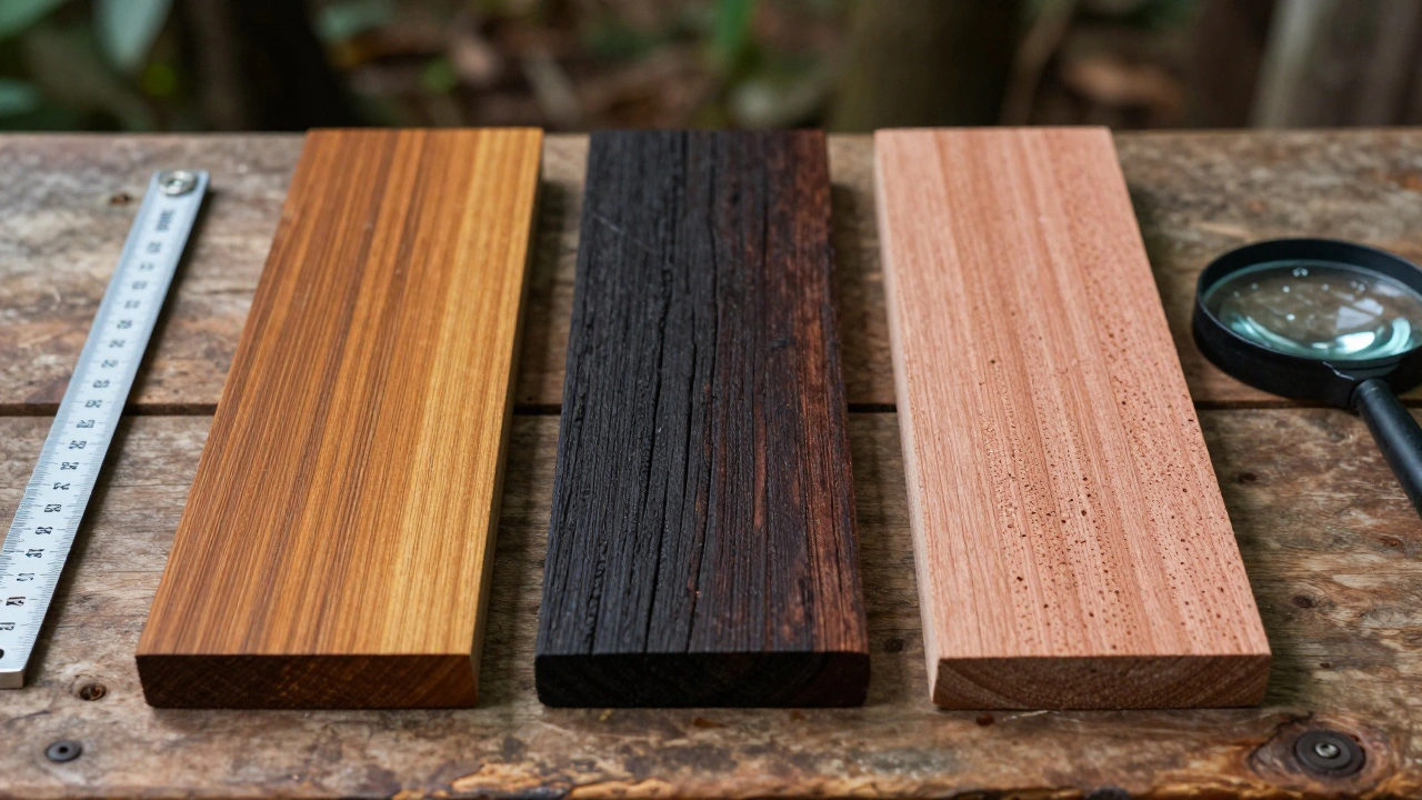 Tiga sampel kayu: bengkirai, ulin, dan meranti, diletakkan di atas meja kayu dengan alat pengukur dan kaca pembesar.