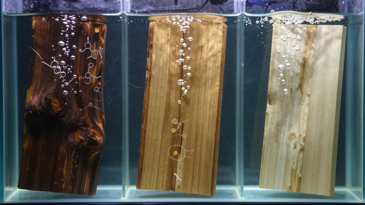 Tiga sampel kayu direndam dalam air: ulin tenggelam, jati dan meranti mengapung, dengan struktur kimia alami yang terlihat samar pada ulin.