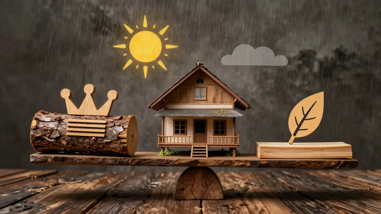 Timbangan simbolis menunjukkan perbandingan kekuatan ulin, stabilitas merbau, dan keseimbangan bengkirai untuk konstruksi rumah tropis.