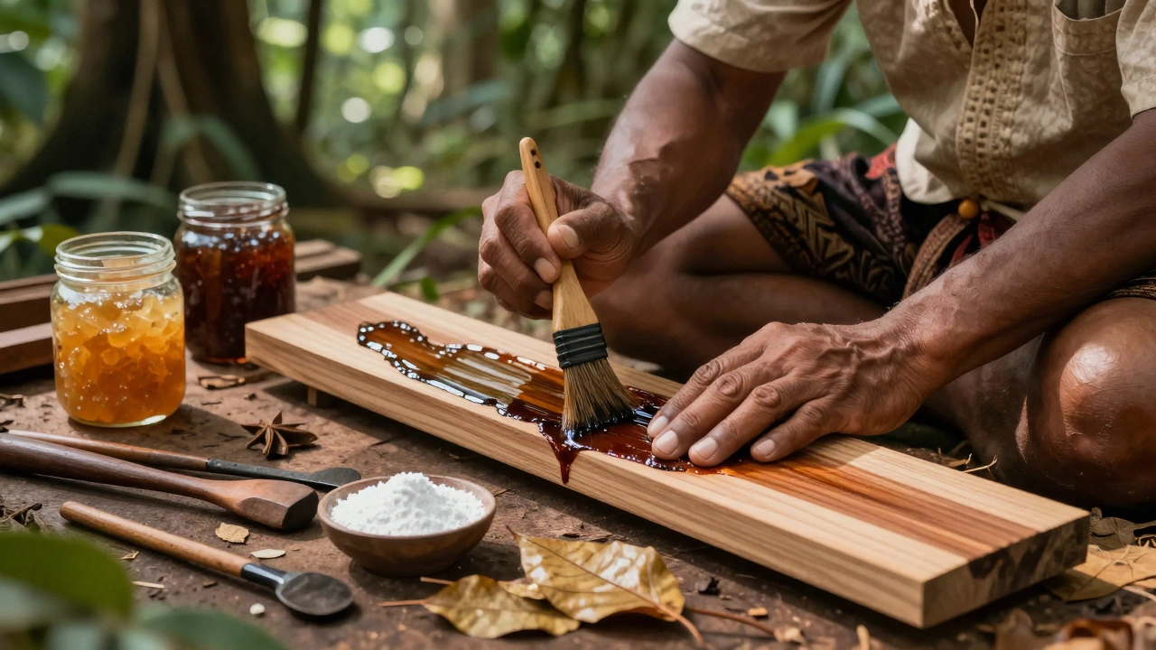 Tukang tradisional mengoleskan getah karet pada kayu bengkirai sebagai pelindung alami dari rayap.