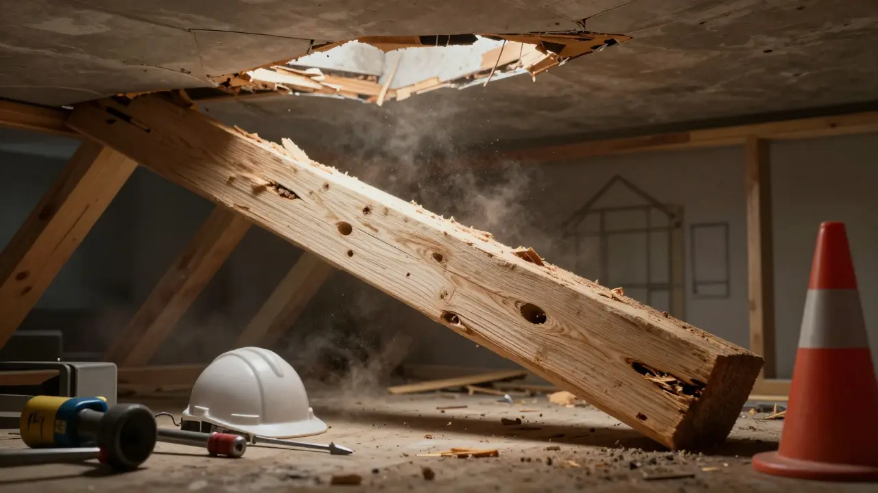 Balok atap dari kayu bengkirai kelas 3 yang patah dan menyebabkan atap runtuh.