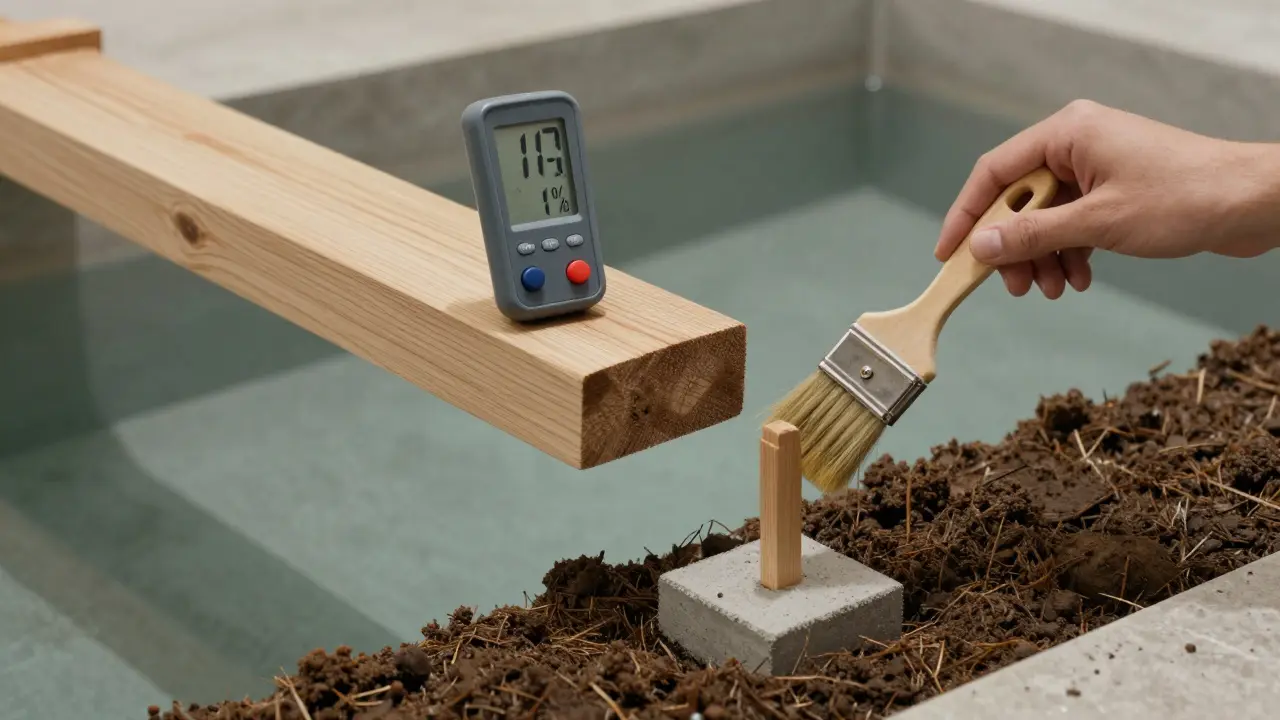 Balok kayu bengkirai dengan alat ukur kelembapan dan tangan yang mengoleskan minyak kayu, di atas genangan air dengan spasi beton di bawahnya.
