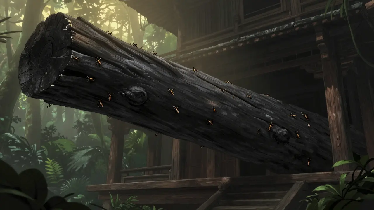 Balok kayu ulin kuno yang utuh meski dikelilingi hutan lembap, dengan rayap yang gagal menggigitnya.