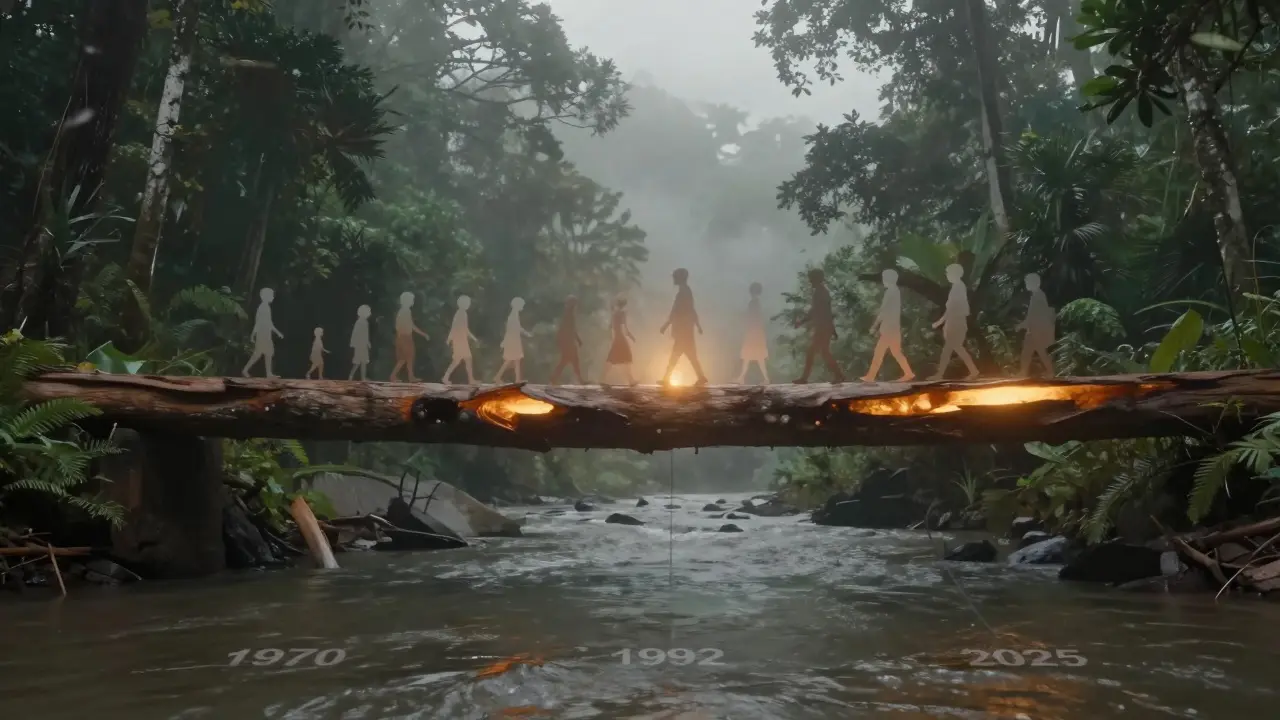 Balok kayu ulin membentang di atas sungai, melambangkan ketahanan selama seratus tahun dan warisan lintas generasi.