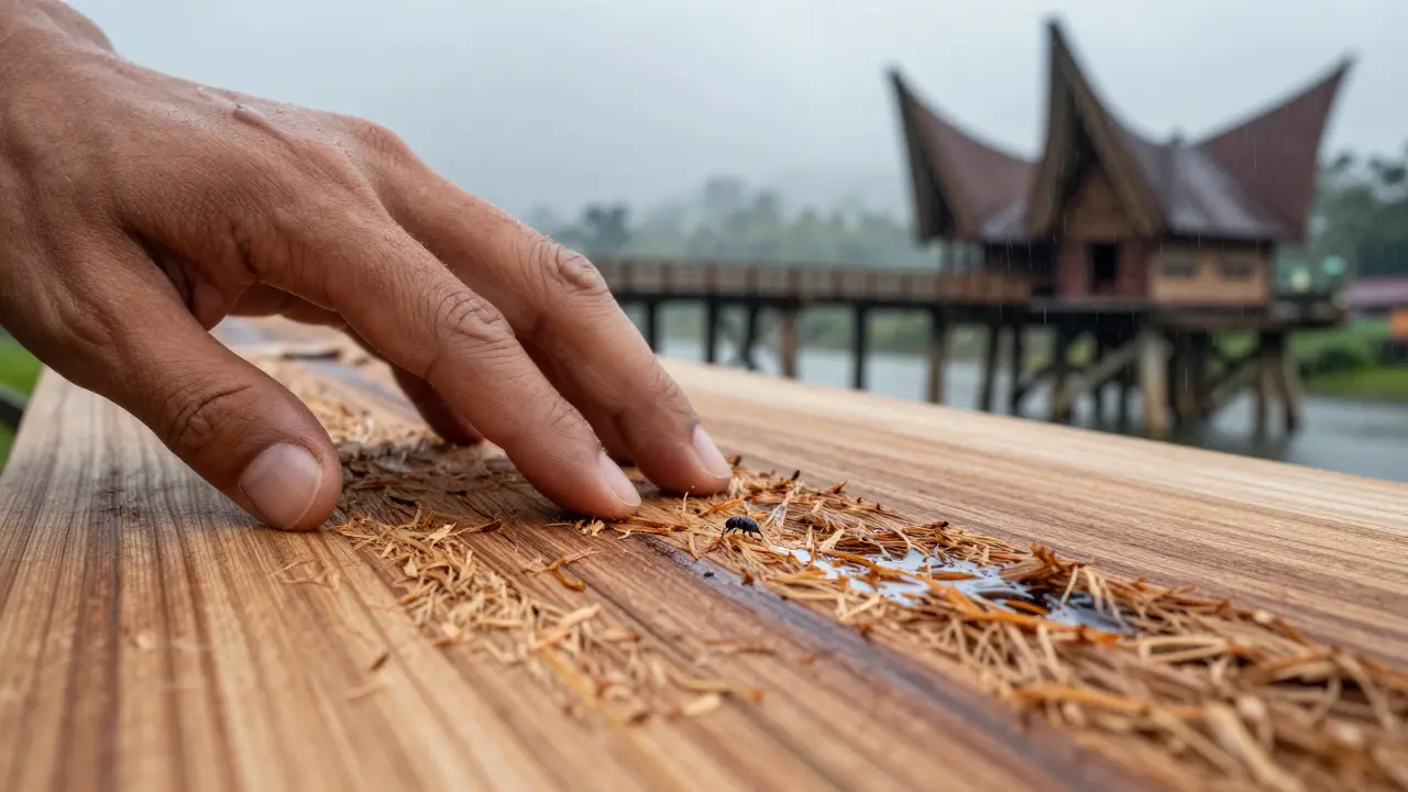 Close-up kayu ulin asli dengan serat padat dan tetesan air yang tidak meresap, sementara rayap menjauh dari permukaannya.