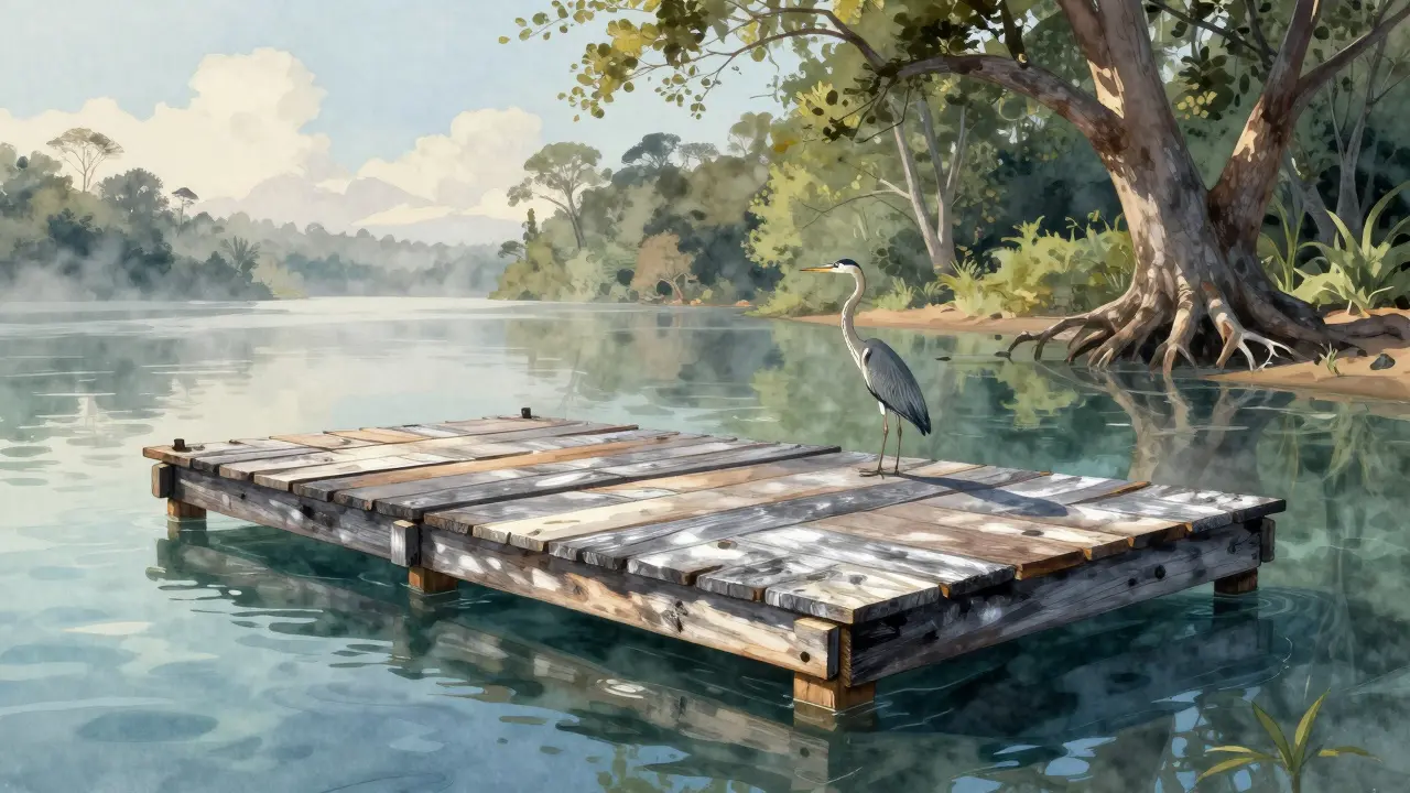 Dermaga dari kayu ulin berusia tua di sungai Kalimantan, dengan burung heron dan kabut pagi.