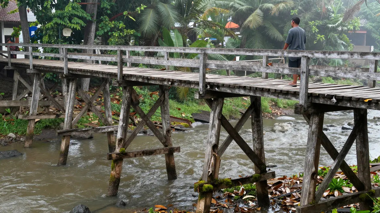 Jembatan kayu bengkirai tua di Kalimantan yang sudah berubah warna menjadi abu-abu perak, berdiri kokoh di atas aliran sungai.