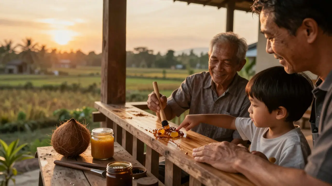 Kelompok keluarga di pedesaan Kalimantan sedang merawat pagar kayu dengan minyak kelapa dan getah pinus di sore hari.