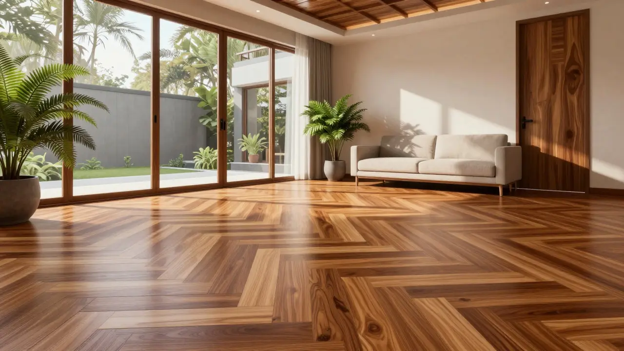 Lantai kayu ulin 2 meter di ruang tamu rumah modern Indonesia dengan cahaya matahari hangat dan dekorasi minimalis.