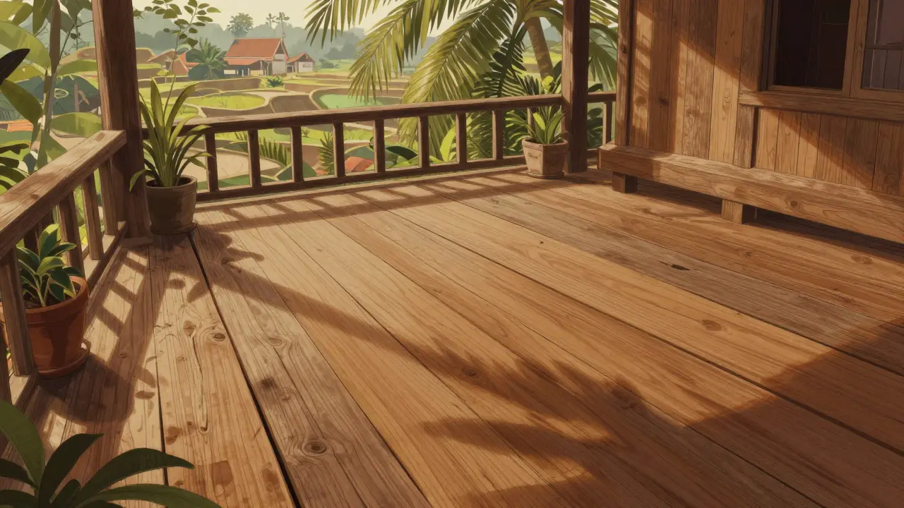 Lantai teras dari kayu jati rakyat yang tahan cuaca, dikelilingi tanaman tropis dan cahaya matahari.