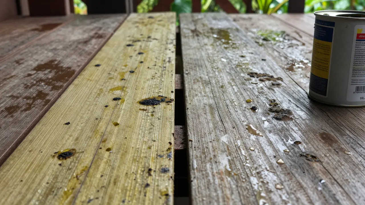 Papan kayu bengkirai retak dan berjamur di dek rumah lembap Kalimantan.