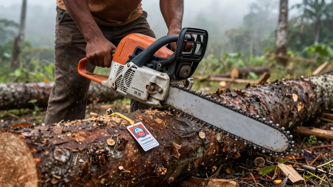 Pekerja memotong log kayu ulin di hutan Kalimantan Timur, dengan label sertifikat legal terlihat jelas di batang kayu.