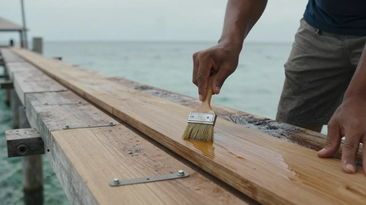 Pekerja sedang mengoleskan minyak pada papan kayu bengkirai di dermaga pesisir, dengan fastener stainless dan laut di latar belakang.