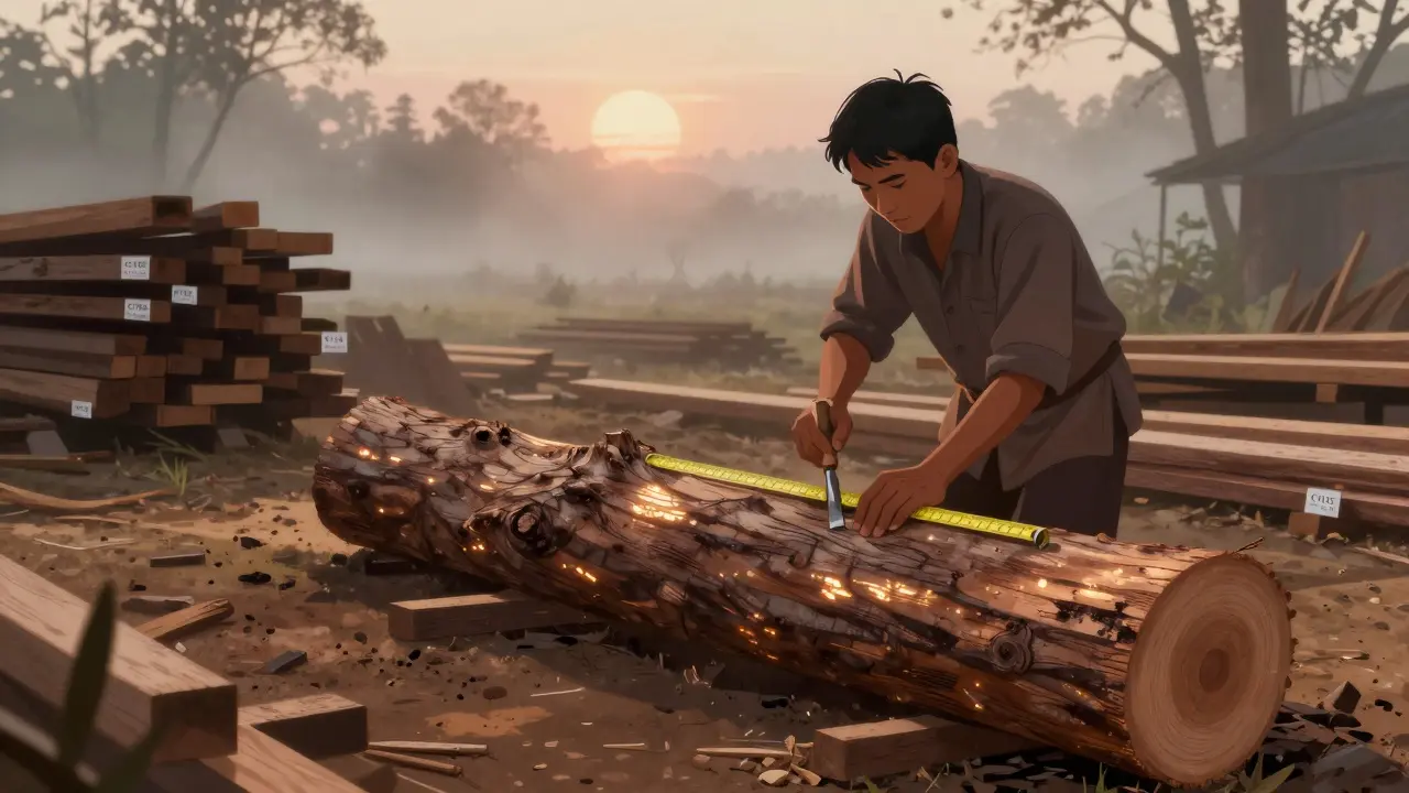 Pengrajin kayu memilih balok sonokeling di gudang kayu Jawa Timur, dengan label sertifikat CITES terlihat jelas di sekitarnya.