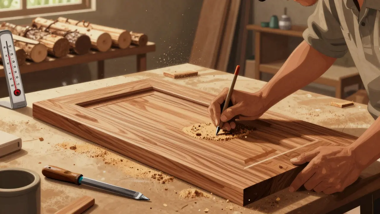 Pengrajin sedang mengamplas panel pintu kayu ulin tebal 4 cm di bengkel kayu dengan serbuk gergaji beterbangan.