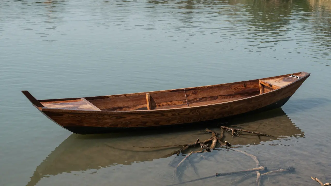 Perahu tradisional dari kayu ulin mengapung di sungai, permukaan kayu mengilap alami tanpa cat atau pelapis.