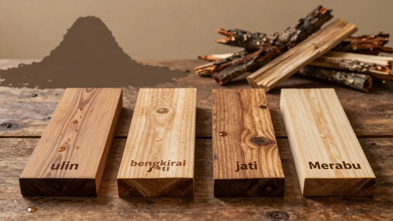 Perbandingan empat jenis kayu tahan rayap: ulin, bengkirai, jati, dan merbau, dengan kayu rapuh di latar belakang.