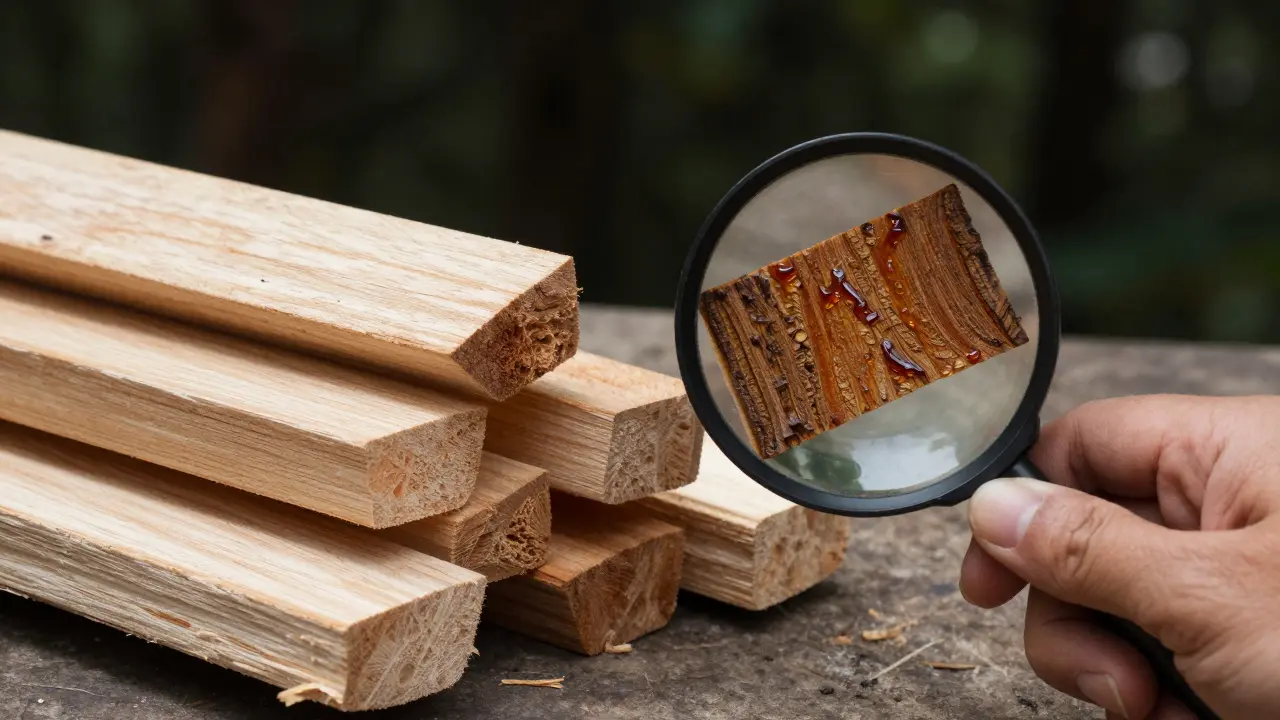 Perbandingan kayu bengkirai dengan kayu palsu, dengan kaca pembesar menunjukkan struktur serat yang lebih padat dan kaya minyak.