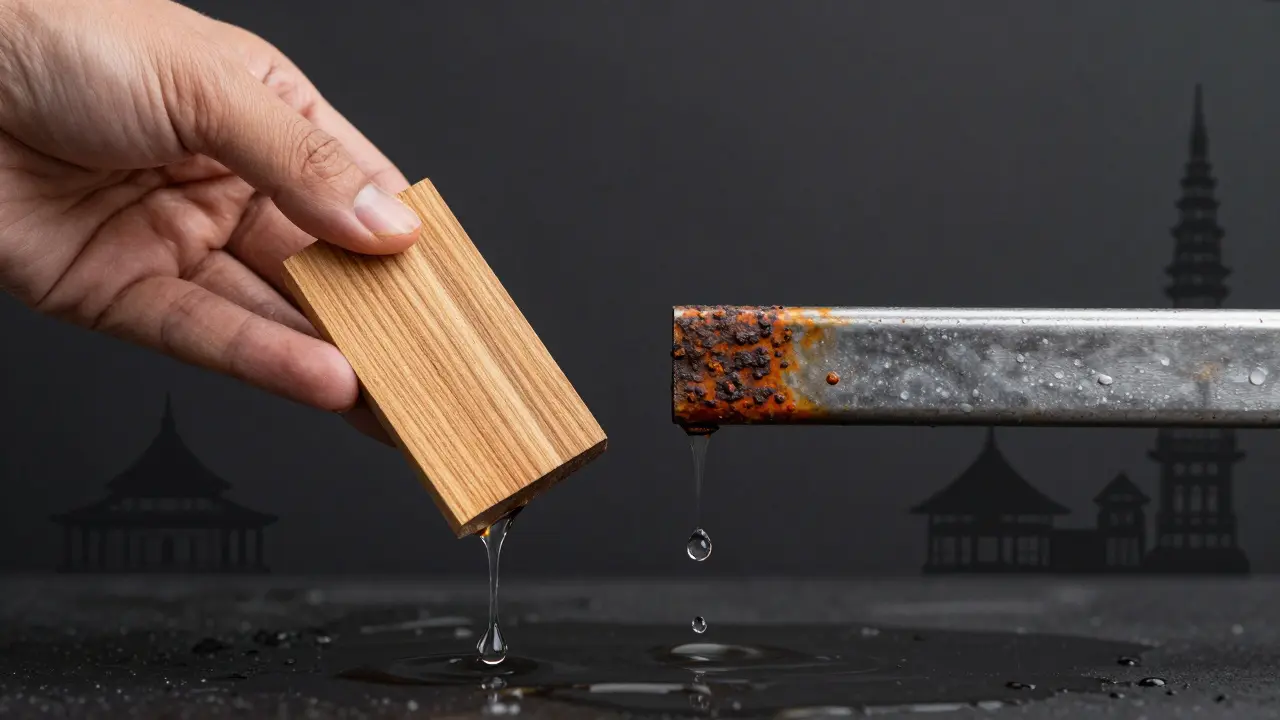 Perbandingan kayu ulin dan baja: ulin tenggelam, baja berkarat di air laut.