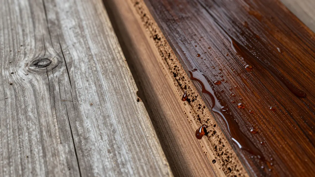 Perbandingan kayu ulin yang tidak terawat (kiri) dan terawat (kanan) dengan penembusan minyak di bagian tengah.