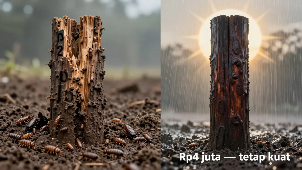 Perbandingan simbolis: kayu karet yang membusuk vs kayu jati rakyat yang kokoh bertahun-tahun.