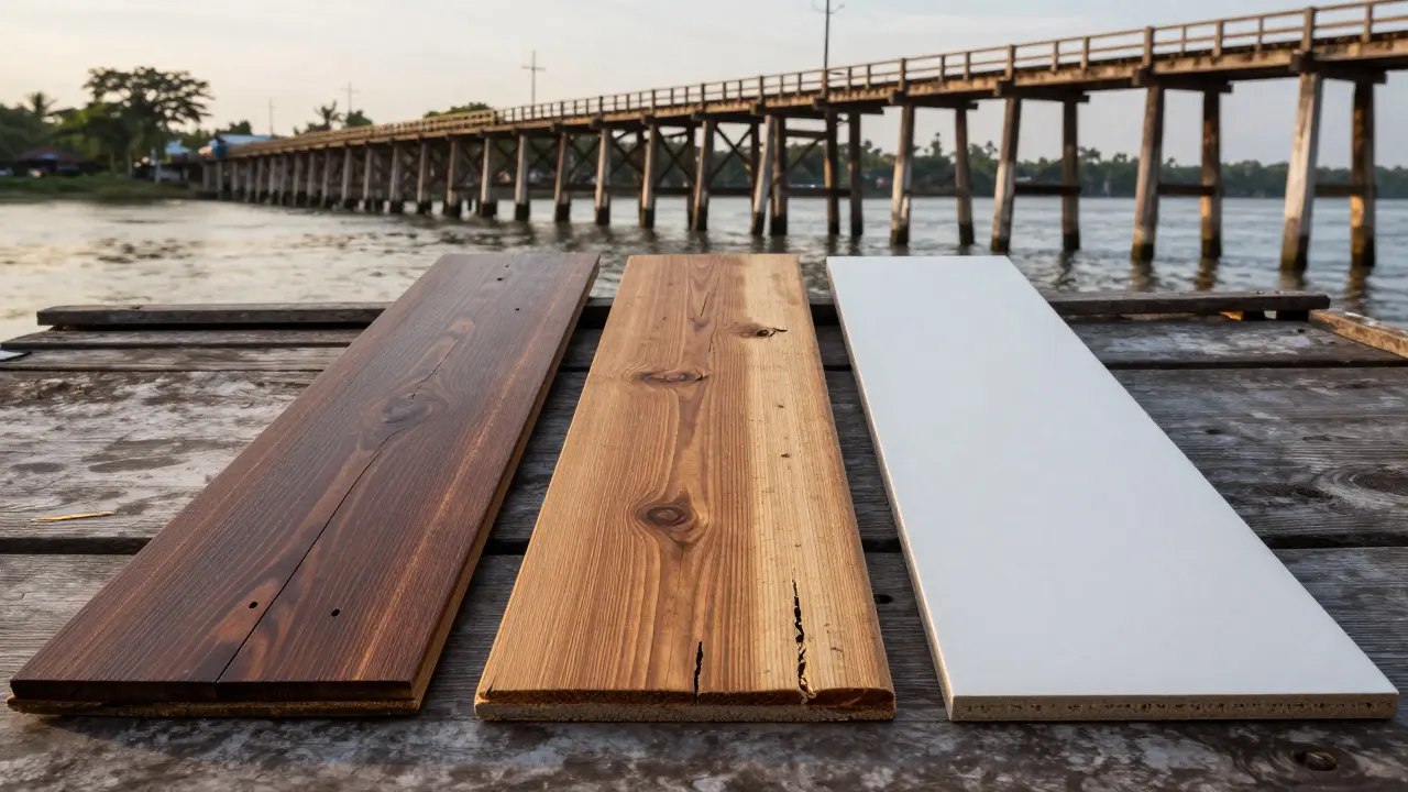 Perbandingan tiga bahan lantai: kayu ulin, jati, dan komposit plastik di dermaga Kalimantan dengan jembatan tua di latar belakang.