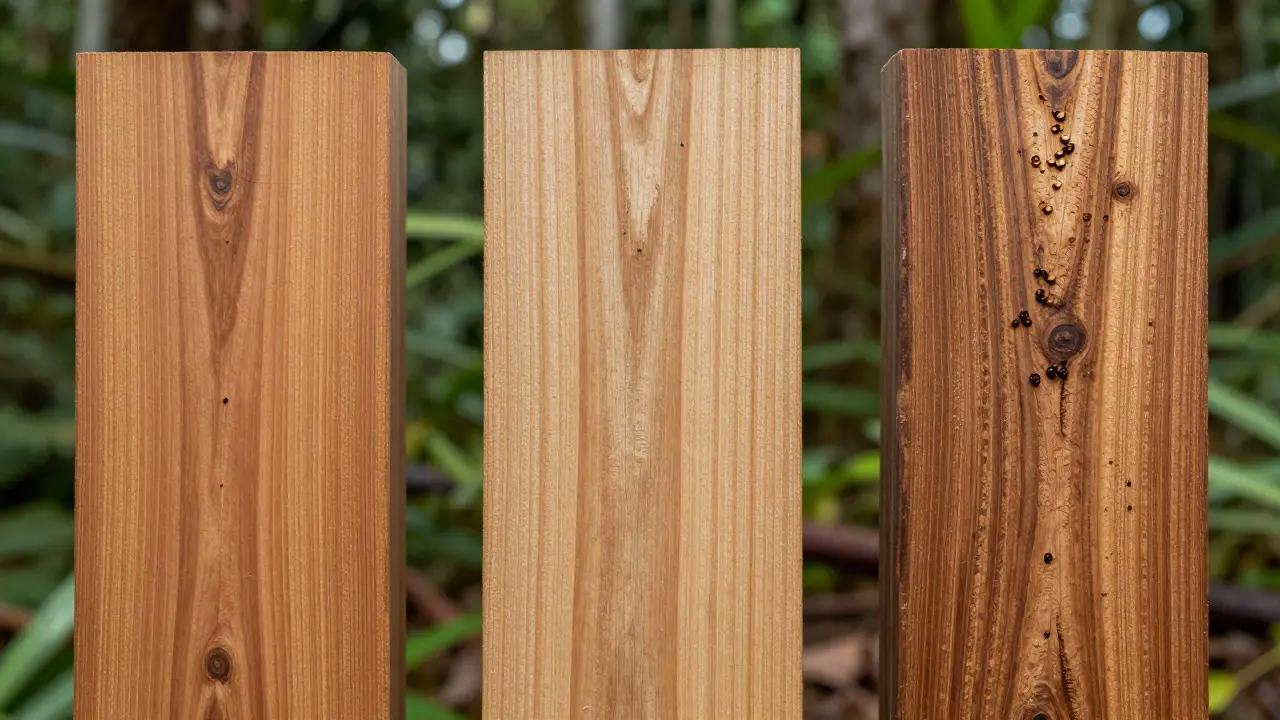 Perbandingan tiga jenis kayu di laboratorium: ulin hampir tidak rusak, jati rusak ringan, pinus hancur parah akibat rayap.