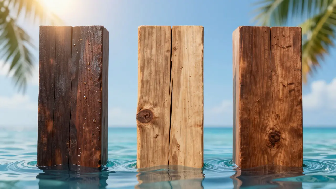 Perbandingan tiga jenis kayu tahan air: ulin, besi, dan merbau, sebagian terendam air laut, menunjukkan perbedaan ketahanan.