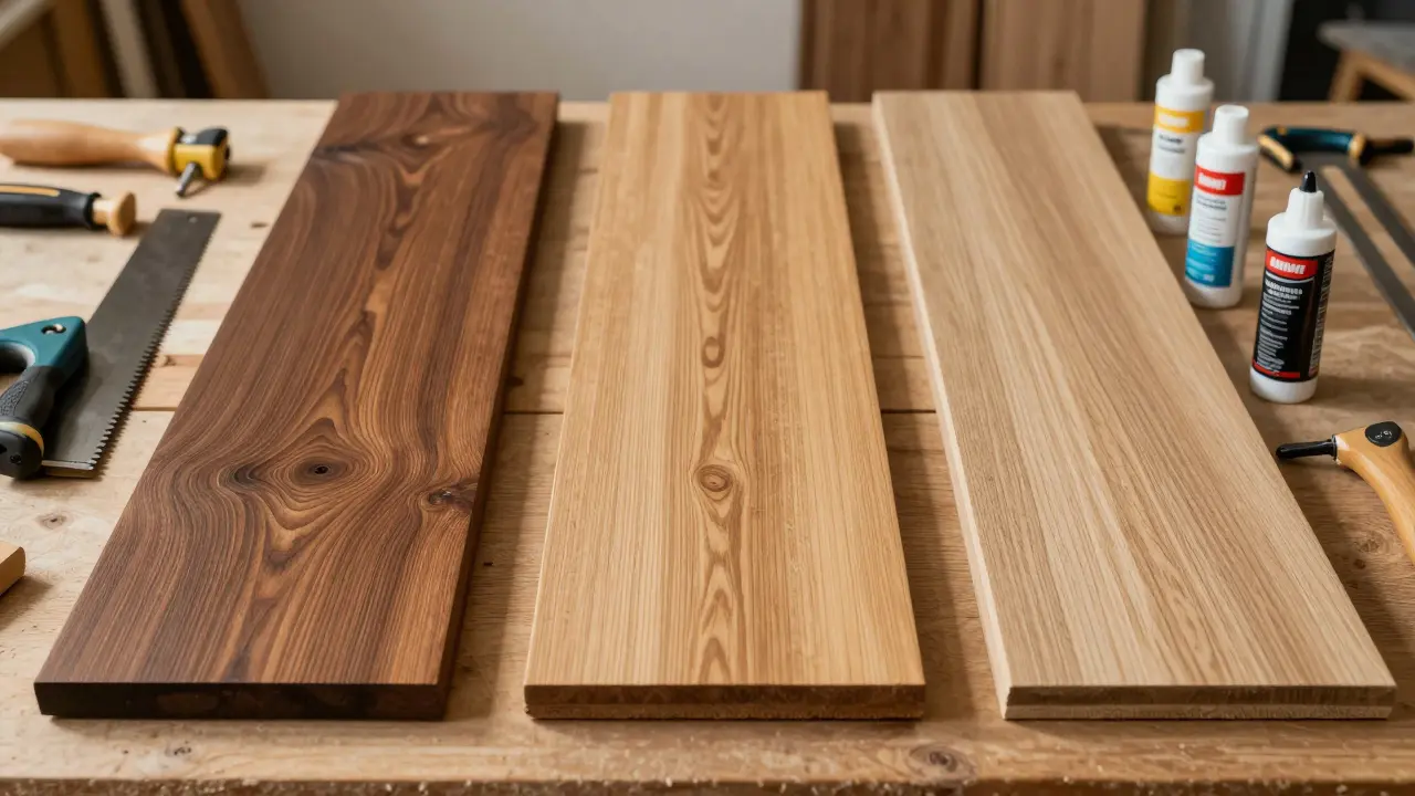 Perbandingan tiga jenis kayu: ulin, jati, dan composite decking di bengkel.