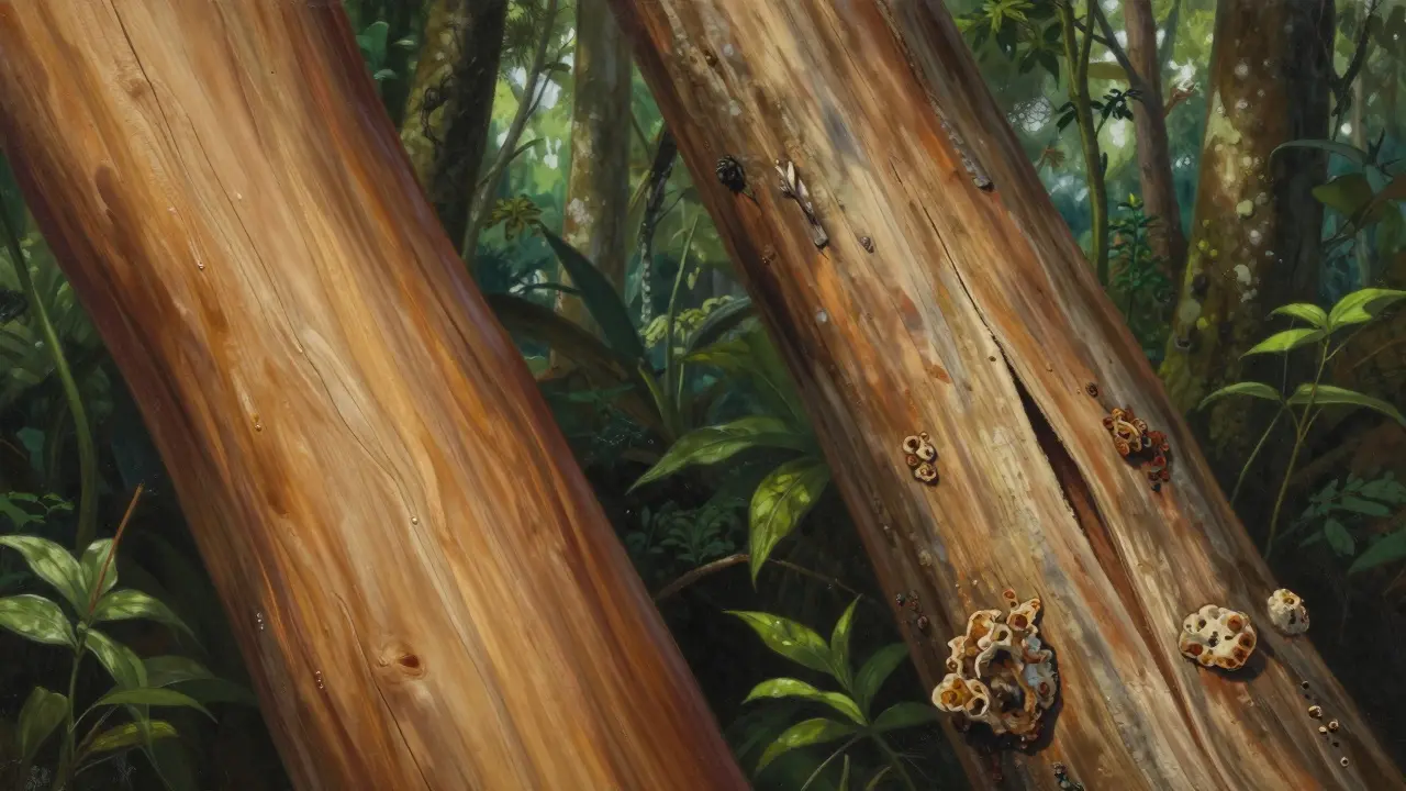 Perbandingan visual kayu bengkirai sehat di sebelah kiri dan kayu pinus rusak di sebelah kanan, latar belakang hutan hujan.