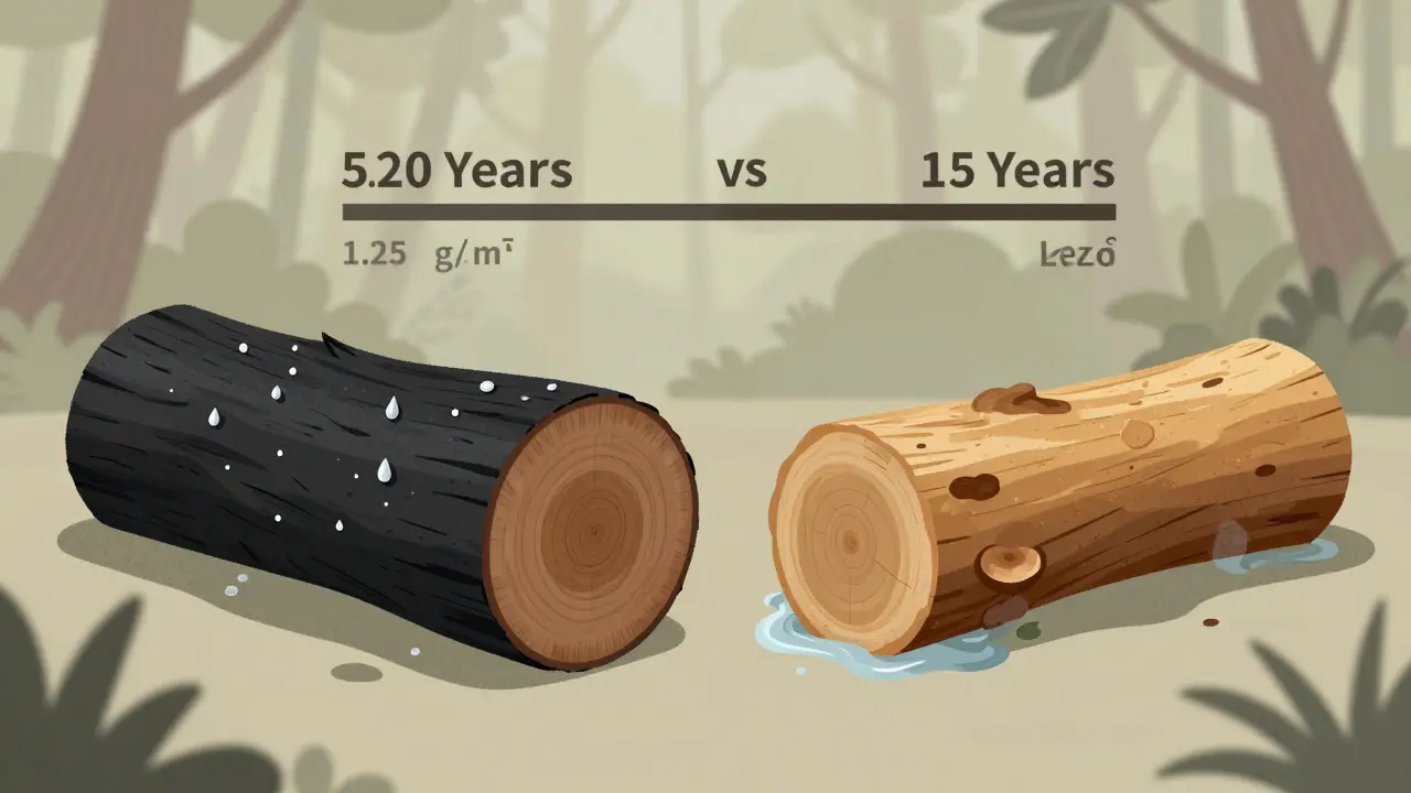 Perbandingan visual kayu ulin Kalimantan (gelap, padat) dan Sulawesi (terang, menyerap air), dengan tanda usia pakai 50 tahun vs 15 tahun.